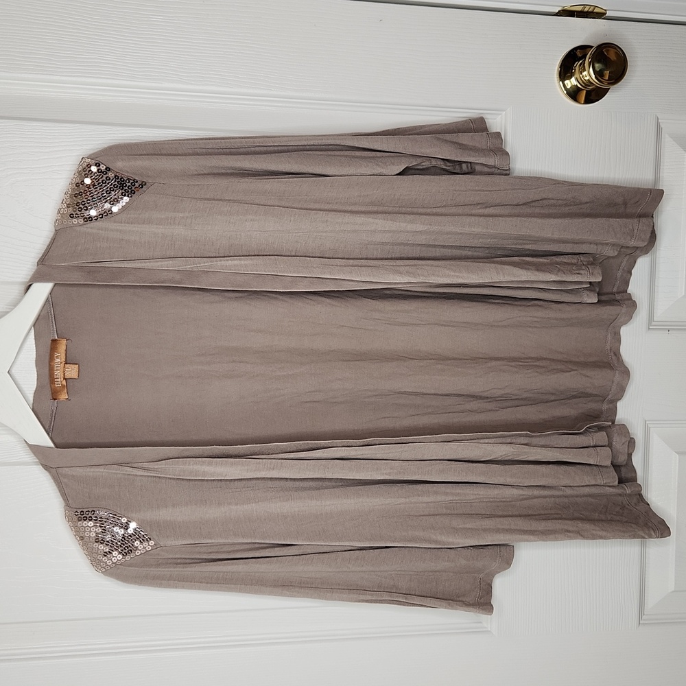 Ellen Tracy mushroom beige gray cardigan with rose gold sequin shoulders XL
